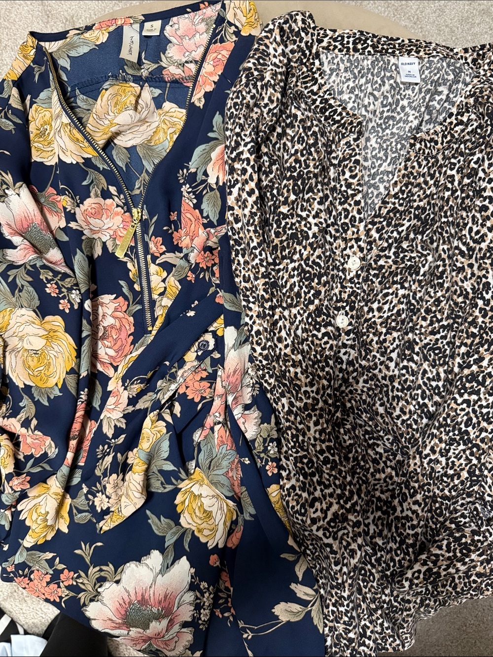 Tacera Navy Floral Wrap Top and Leopard Print Button Blouse